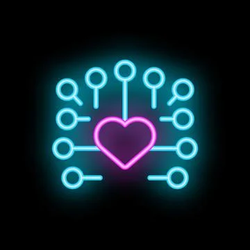 Neon heart connecting with data points forming a network on black background Illustrazione stock