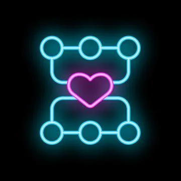 Neon heart connecting two systems with nodes glowing in dark background Stock Illustration