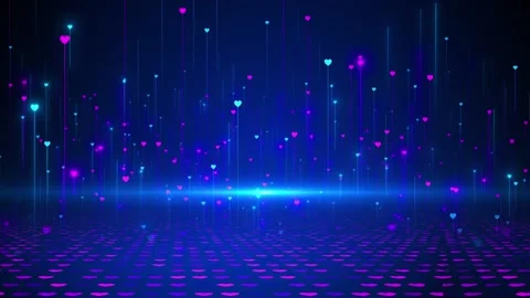 Neon heart data rain glowing pink blue hearts, vertical light streaks, digital f Stock Footage 340476197