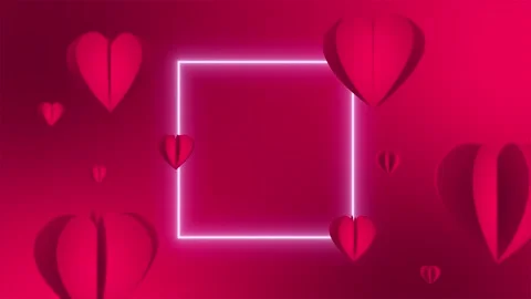 Neon Heart Frame Background with Glowing Square Light and Romantic Red Stock Footage 325037815