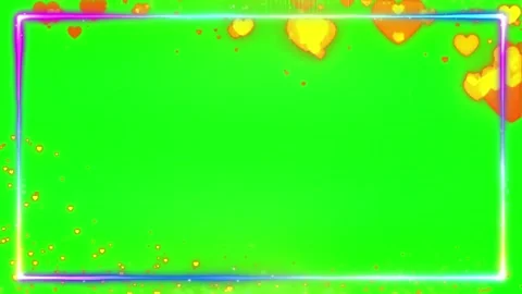 Neon heart frame on green screen. Romantic love border with floating golden Video stock 340717519