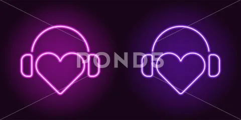 Neon Heart with headphones in Purple and Violet color Stock Illustration