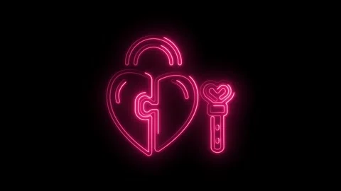 Neon heart lock and key animation on black background love connection concept Stock Footage 345992004
