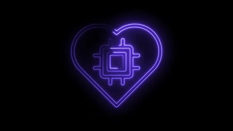 Neon heart shape with central processing unit glowing on dark background Stock Footage 322983337