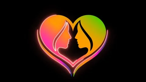 Neon heart shape with intertwined profiles of two faces glowing brightly 動画素材 340061759