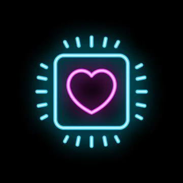 Neon heart shining inside a processor chip on black background Illustrazione stock