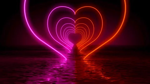 Neon Heart Tunnel Loop Motion Background with Water Reflection Glow 库存影片 341819533