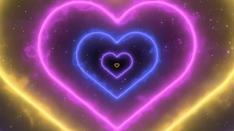 Neon Heart Tunnel Loop Motion Background with Glowing Colorful Hearts in Space Video stock 341820663