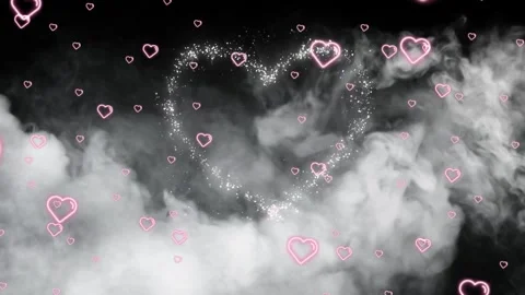 Neon hearts floating on smoke background Видео 337086939