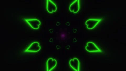 Neon hearts form a circular pattern of light on a black Stock Footage 338286753