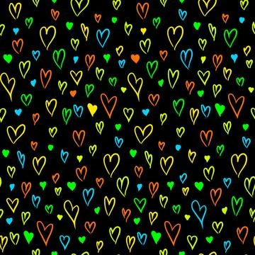 Neon Hearts Seamless Pattern on Black Background Stock Illustration