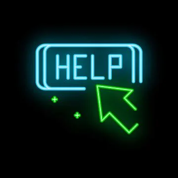 Neon help button with cursor clicking showing support needed Stock Illustration