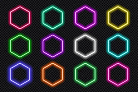 Neon hexagon frame set. Glowing coloful hexagonal borders. Geometric shape イラスト素材