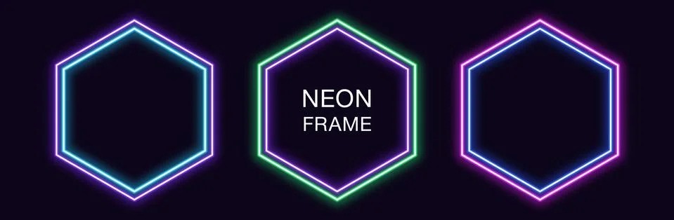 Neon hexagon Frame. Set of hexagonal neon Border with double outline. Geometr Stockillustratie
