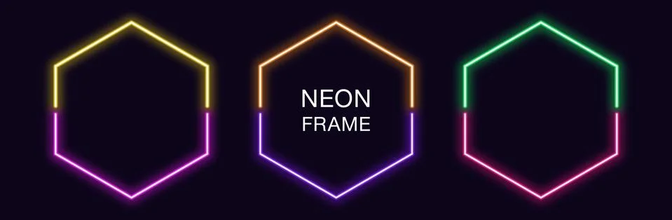 Neon hexagon Frame. Set of hexagonal neon Border in 2 outline parts. Geometri Illustrazione stock