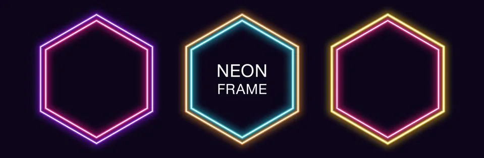 Neon hexagon Frame. Set of hexagonal neon Border with double outline. Geometr Stock Illustration