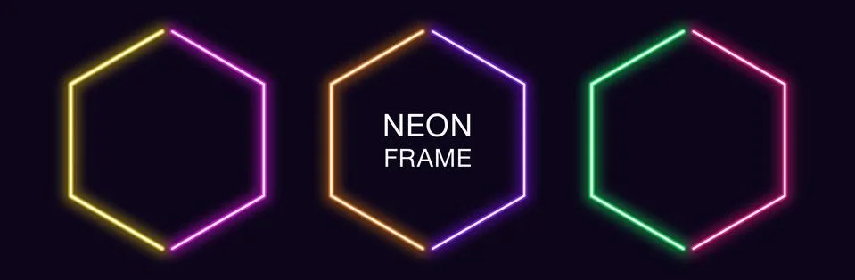 Neon hexagon Frame. Set of hexagonal neon Border in 2 outline parts. Geometri Stock Illustration