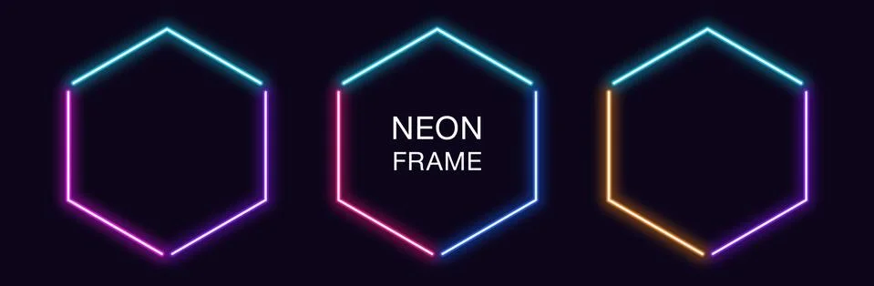 Neon hexagon Frame. Set of hexagonal neon Border in 3 angular parts. Geometri Ilustração Stock