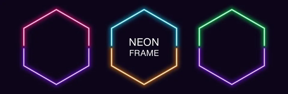 Neon hexagon Frame. Set of hexagonal neon Border in 2 outline parts. Geometri Stockillustratie