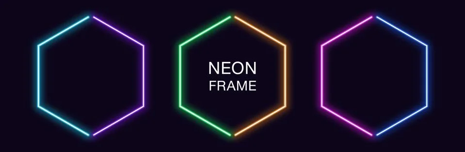 Neon hexagon Frame. Set of hexagonal neon Border in 2 outline parts. Geometri Stockillustratie