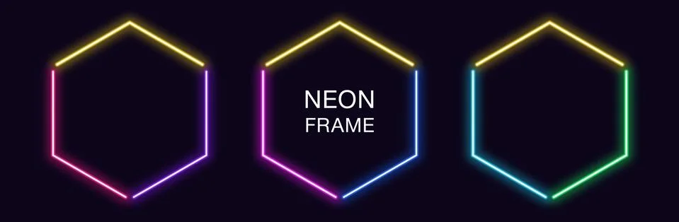 Neon hexagon Frame. Set of hexagonal neon Border in 3 angular parts. Geometri Stock-Illustration