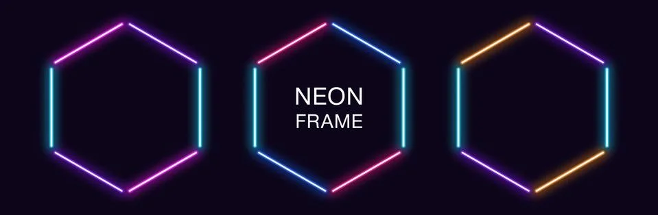 Neon hexagon Frame. Set of hexagonal neon Border in 3 outline parts. Geometri Stockillustratie