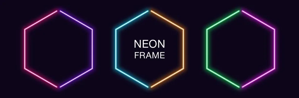 Neon hexagon Frame. Set of hexagonal neon Border in 2 outline parts. Geometri Stockillustratie