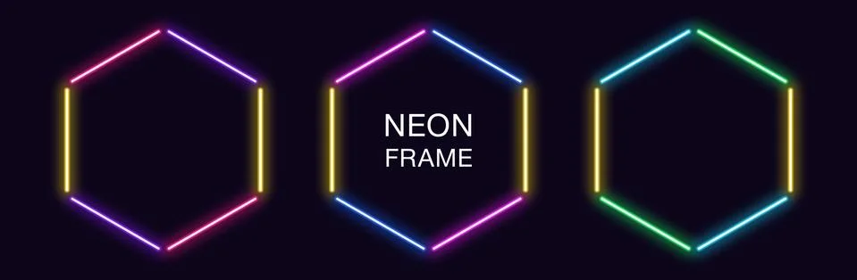 Neon hexagon Frame. Set of hexagonal neon Border in 3 outline parts. Geometri Stock Illustration