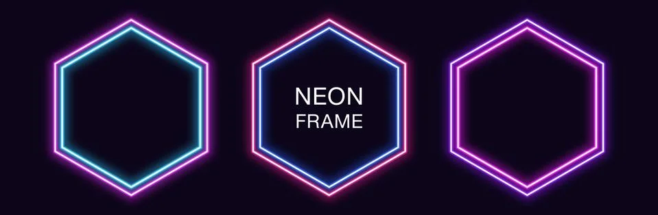 Neon hexagon Frame. Set of hexagonal neon Border with double outline. Geometr Stockillustratie