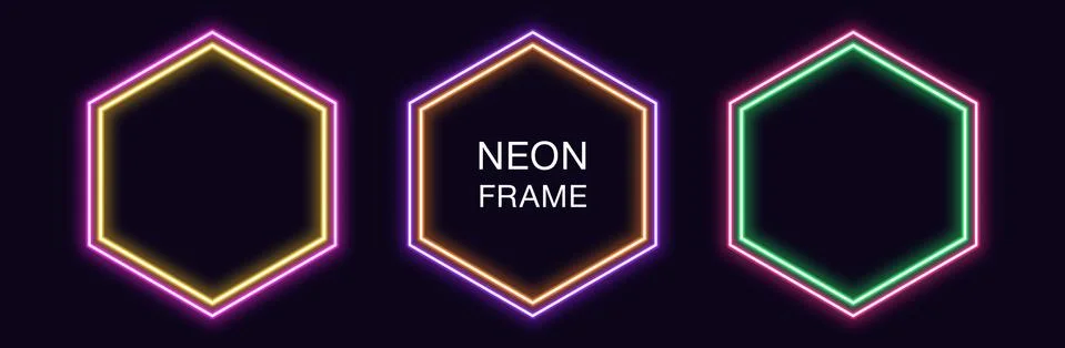 Neon hexagon Frame. Set of hexagonal neon Border with double outline. Geometr Stockillustratie