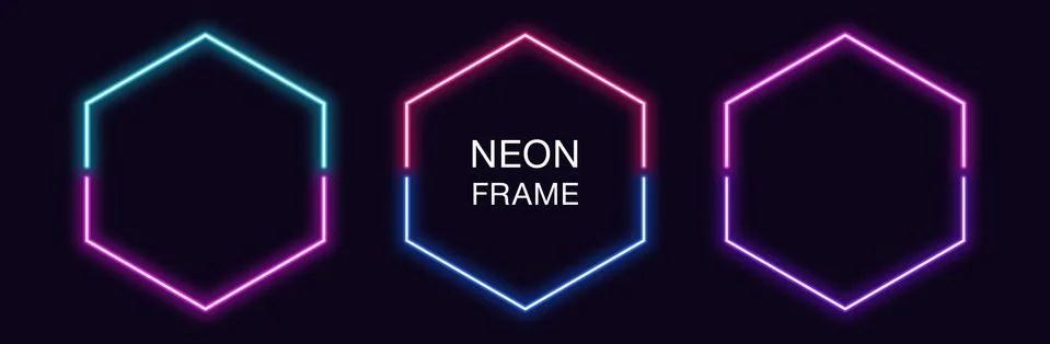 Neon hexagon Frame. Set of hexagonal neon Border in 2 outline parts. Geometri Stockillustratie