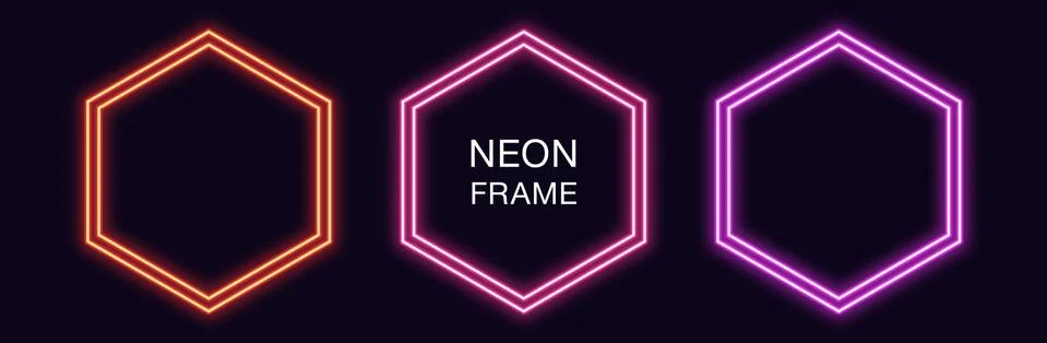 Neon hexagon Frame. Set of hexagonal neon Border with double outline Stock Illustration