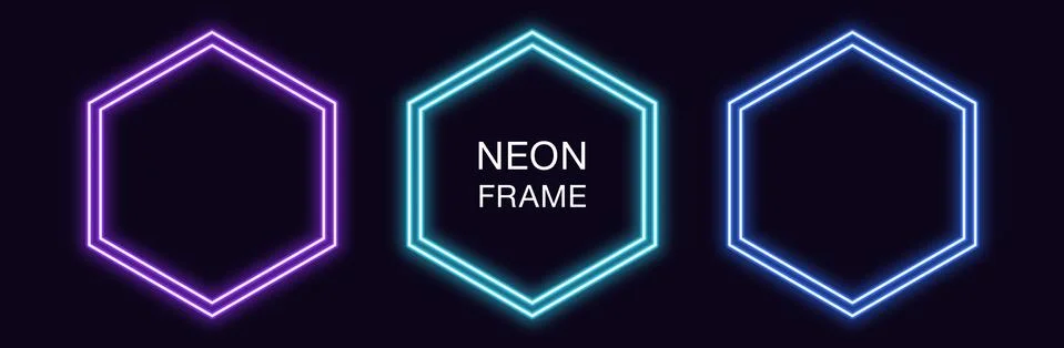 Neon hexagon Frame. Set of hexagonal neon Border with double outline Stock-Illustration