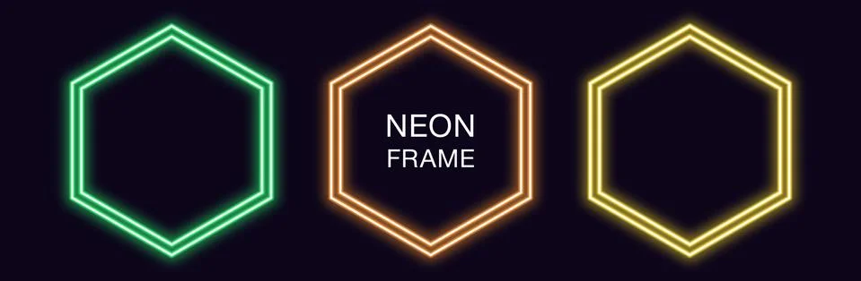 Neon hexagon Frame. Set of hexagonal neon Border with double outline Stockillustratie