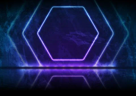 Neon hexagon frames on blue violet grunge background 库存插图