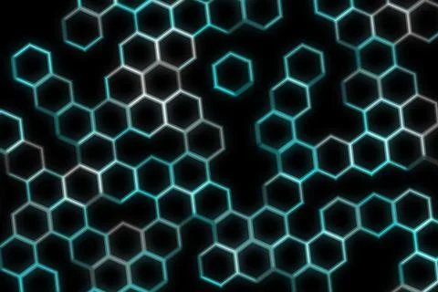 Neon hexagon pattern glowing on black background Stock Illustration