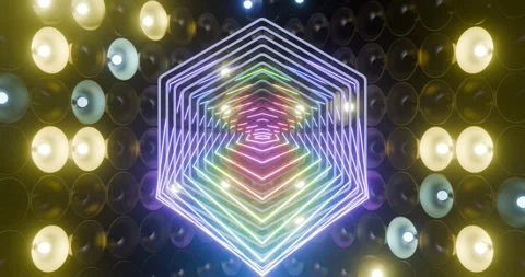 Neon hexagon shape moving updown. Blinking multicolor lamps on background Stock Footage 269541280