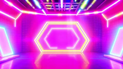 Neon Hexagon Stage: Experience a Glowing Geometric Spectacle Video stock 330320417
