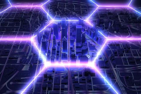 Neon hexagon wire shape over dark city above view Stock Illustration