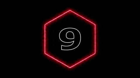 Neon hexagonal countdown number nine red Stock Illustration