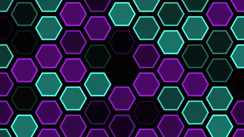 Neon hexagonal grid animation with pulsing cyan and purple lights for digit.. Stock Footage 342431451