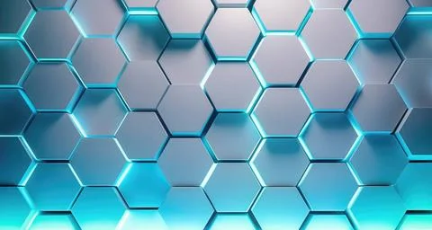Neon Hexagons Background 3D Glowing Light Wall with Neon Hexagons Copyrigh... Stock Photos