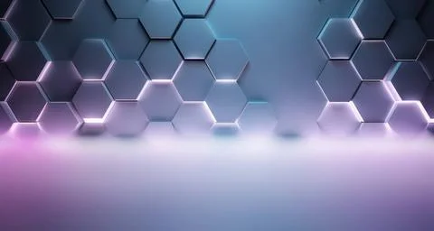 Neon Hexagons Background 3D Glowing Light Wall with Neon Hexagons Copyrigh... Stockfoto's