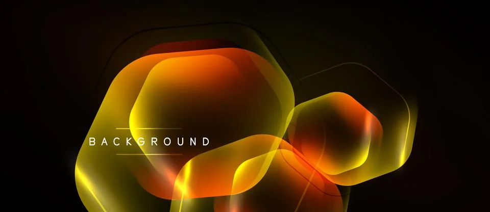 Neon hexagons overlap, creating vibrant orange, yellow glow. Dark background Illustrazione stock