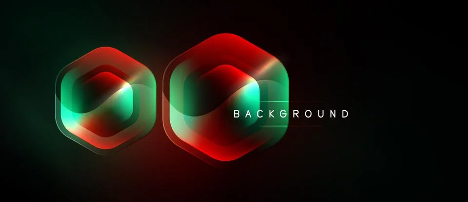 Neon hexagons overlap, creating vibrant gradients. Dark background emphasizes イラスト素材