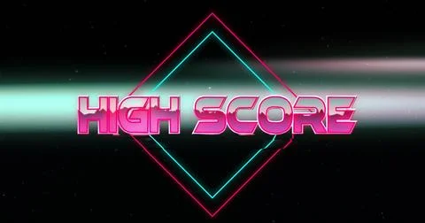 Neon HIGH SCORE text floating in digital starfield, with beam, diamond outline Stock Photos