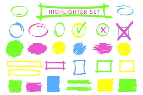 Neon highlight pen frame and scribble vector set Stock Illustration