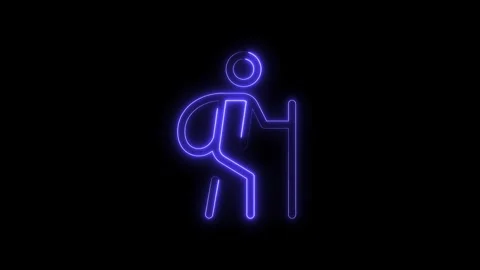 Neon hiker with backpack and walking stick isolated on black background ani.. Stock Footage 314540791