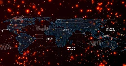 Neon holo map emerging from outline, sparking particles and data overlays 库存插图