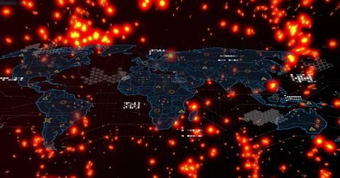 Neon holo map emerging from outline, sparking particles and data overlays 스톡 일러스트